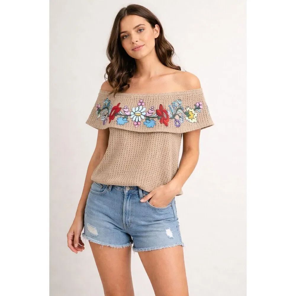 Judith March Off Shoulder Embroidered Crochet Boho Top Small